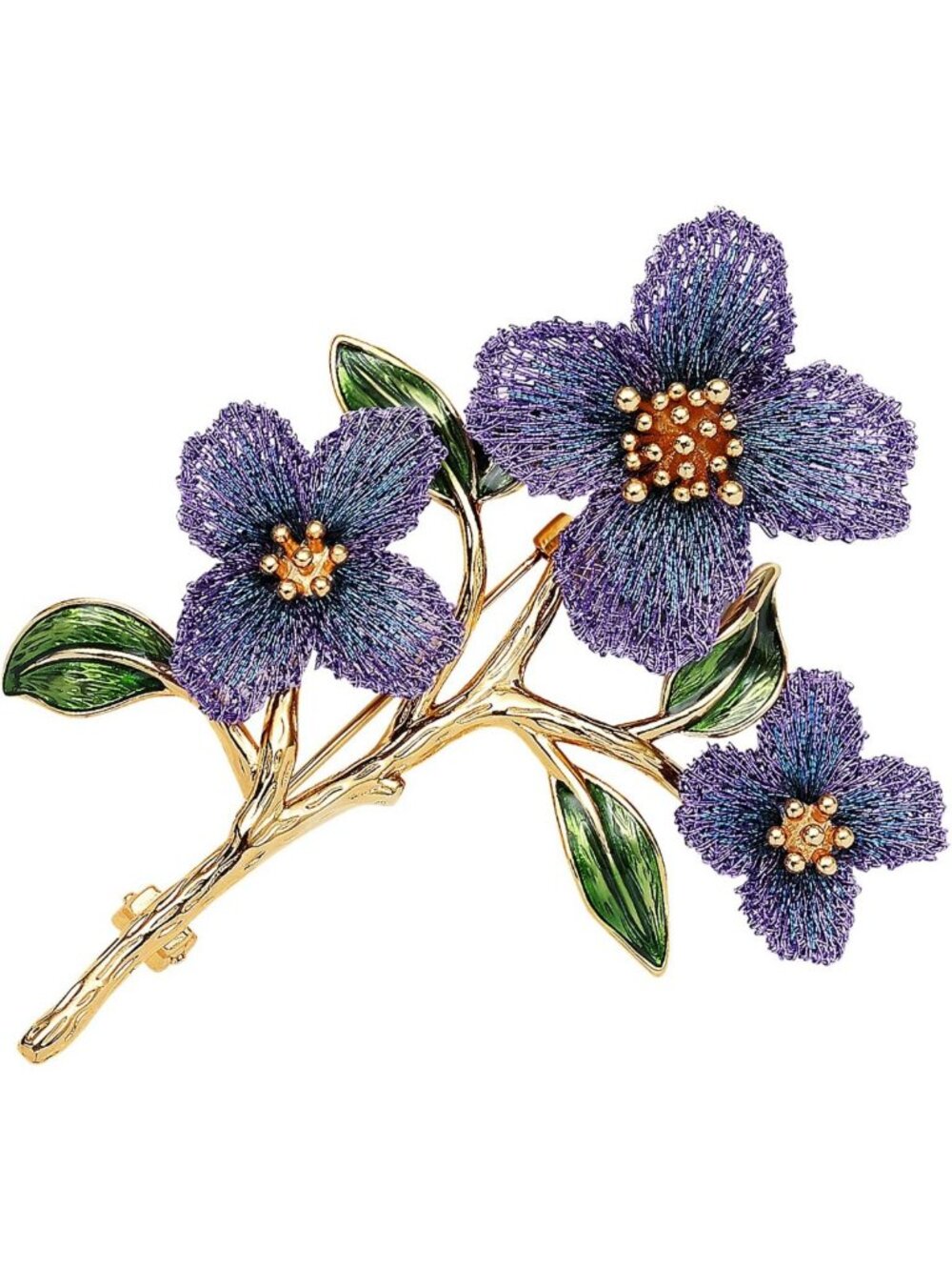 Handmade Floral Brooch - Gold Thread Embroidery & Enamel Leaf, Vintage Botanical